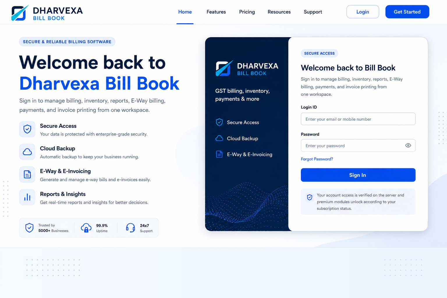 Dharvexa Bill Book login and billing software homepage